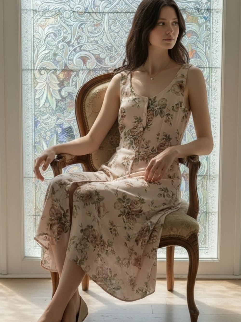 Vintage 90's Light Pink Floral Dress with Delicate Blooms Made In Canada 🇨🇦